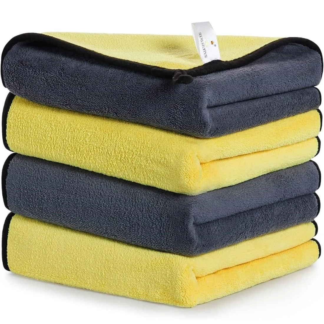 SHOWSTOPPER microfiber vehicle cleaning cloths in yellow, grey — Amazon product photograph