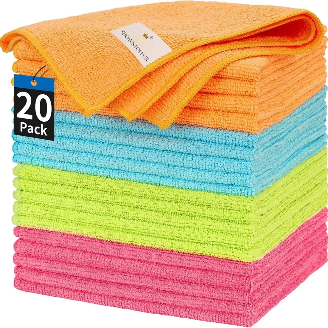 SHOWSTOPPER microfiber cleaning cloths in orange, sky blue, parrot green, pink — Amazon product photograph