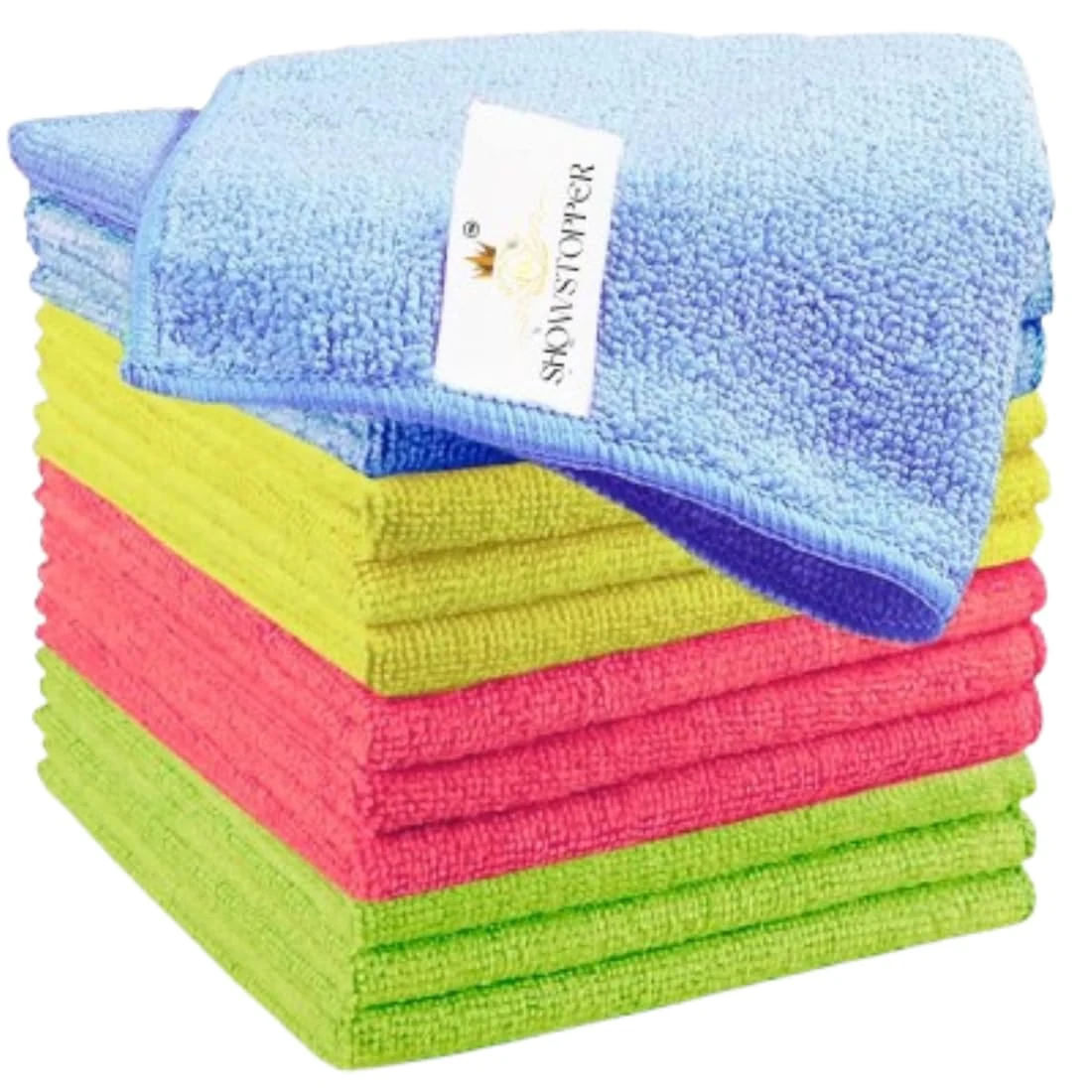 SHOWSTOPPER microfiber cleaning cloths in blue, green, yellow, pink — Amazon product photograph