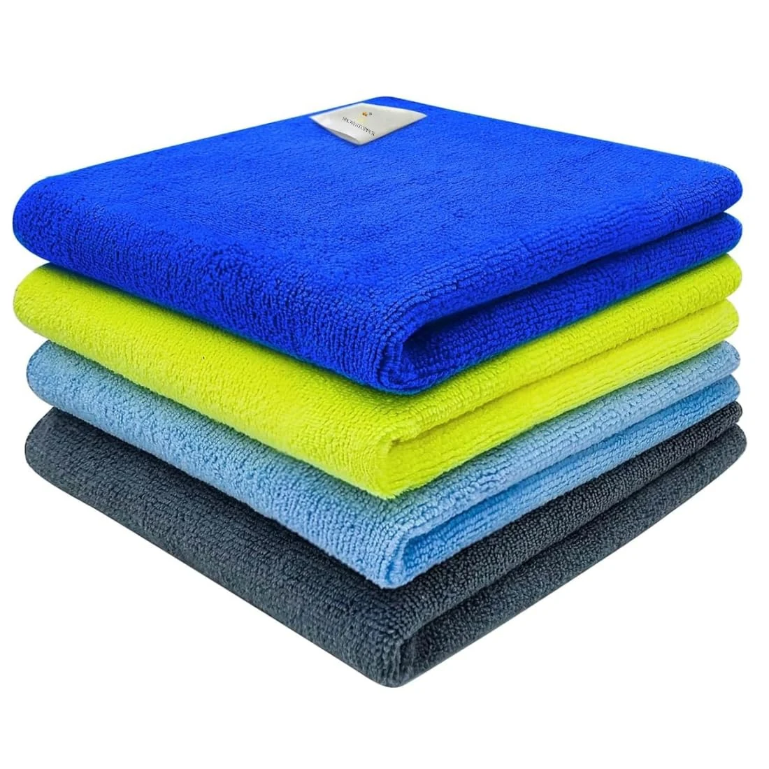 SHOWSTOPPER microfiber cleaning cloths in blue, green, grey, sky blue — Amazon product photograph