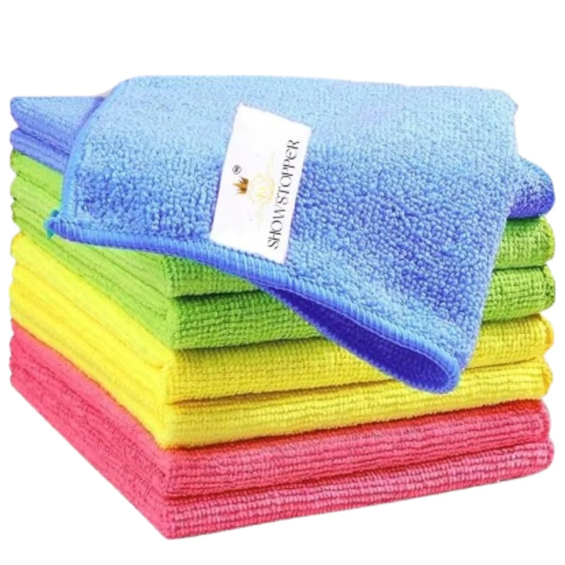 SHOWSTOPPER microfiber cleaning cloths in blue, green, yellow, pink — Amazon product photograph