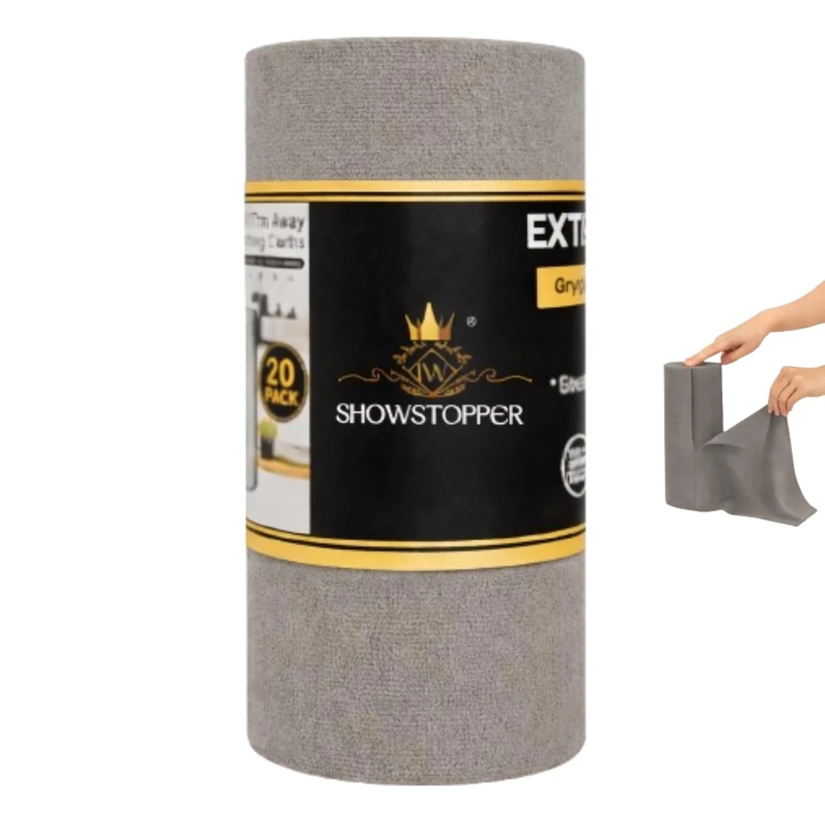 SHOWSTOPPER microfiber cleaning cloth roll in light grey — Amazon product photograph
