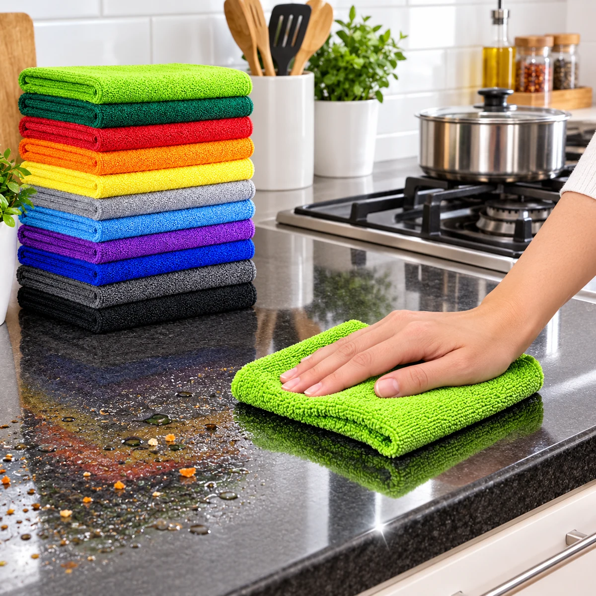 Colourful SHOWSTOPPER microfiber cloths beside a kitchen countertop being wiped with a green cloth