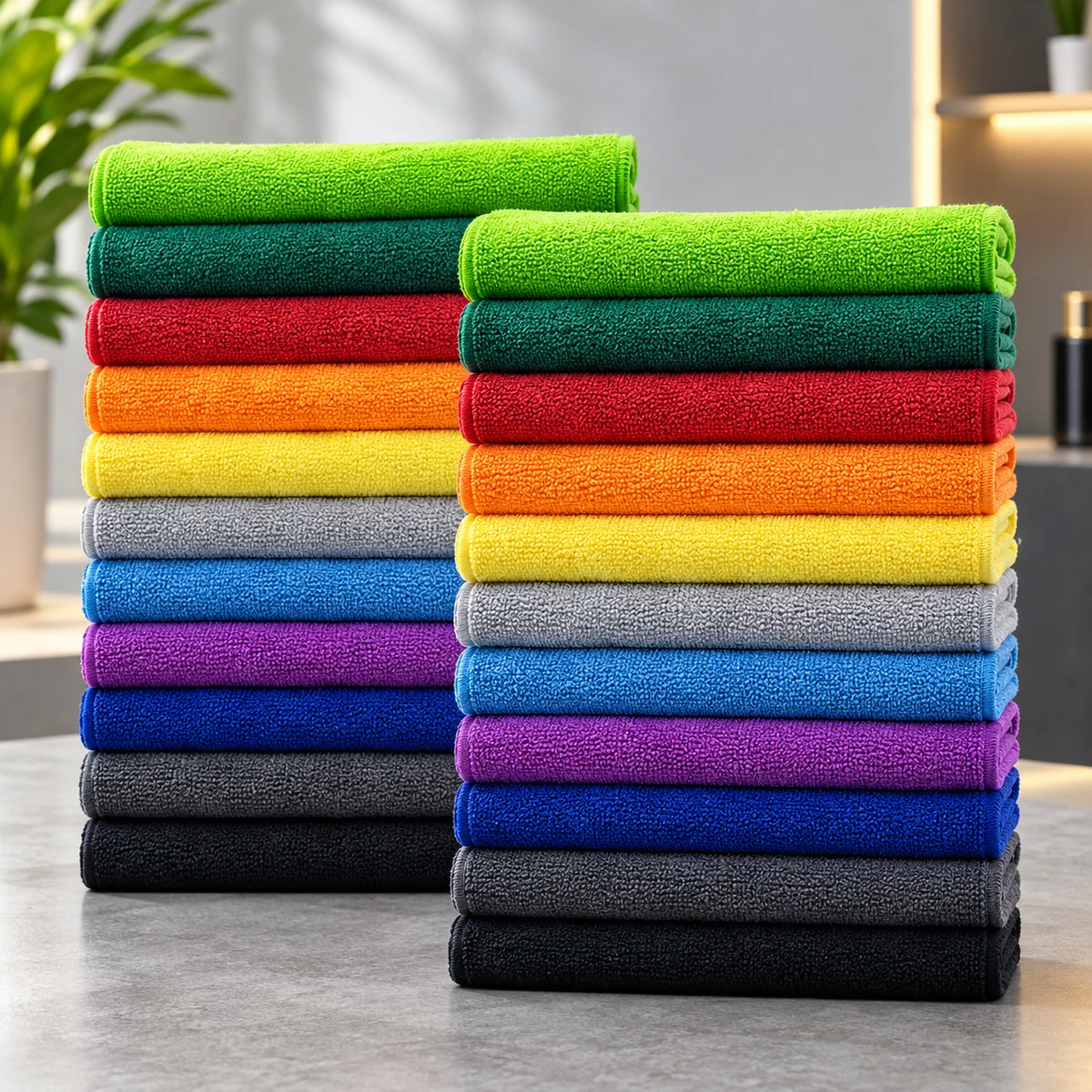 Two stacks of colourful SHOWSTOPPER microfiber cleaning cloths in a bright interior