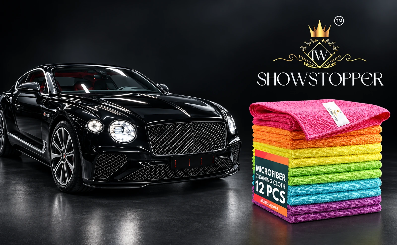 SHOWSTOPPER brand visual with a black luxury coupe and colourful microfiber cleaning cloths
